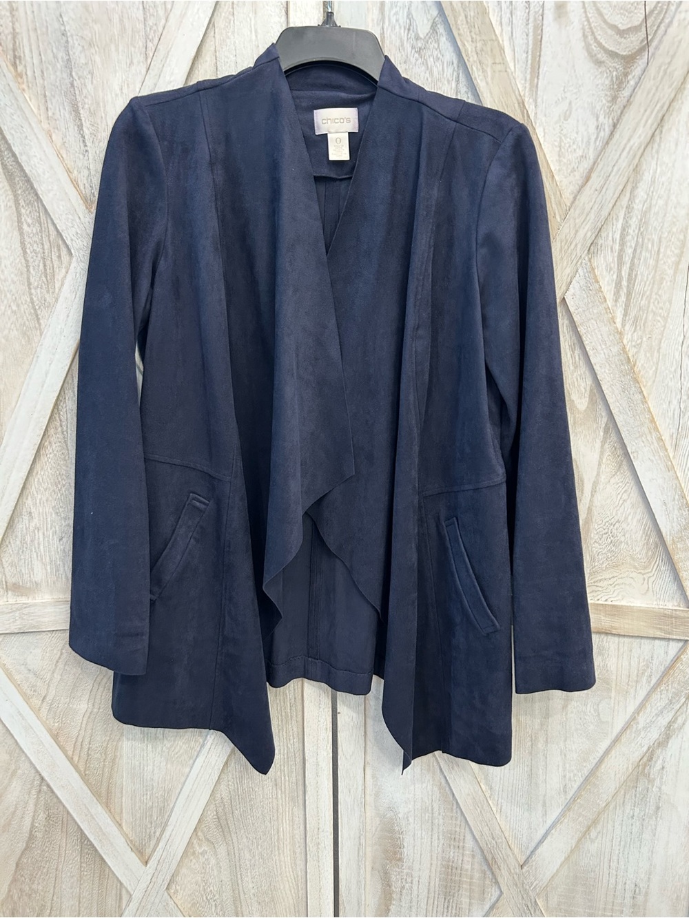 Chico's Navy Open-Front Drape Jacket Faux Suede